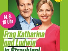 Die Spitzenkandidierenden der bayerischen Grünen Ludwig Hartmann und Katharina Schulze auf einem Veranstaltungsplakat. Beworben wird eine Veranstaltung am 14. September 2023 um 19 Uhr in Straubing.