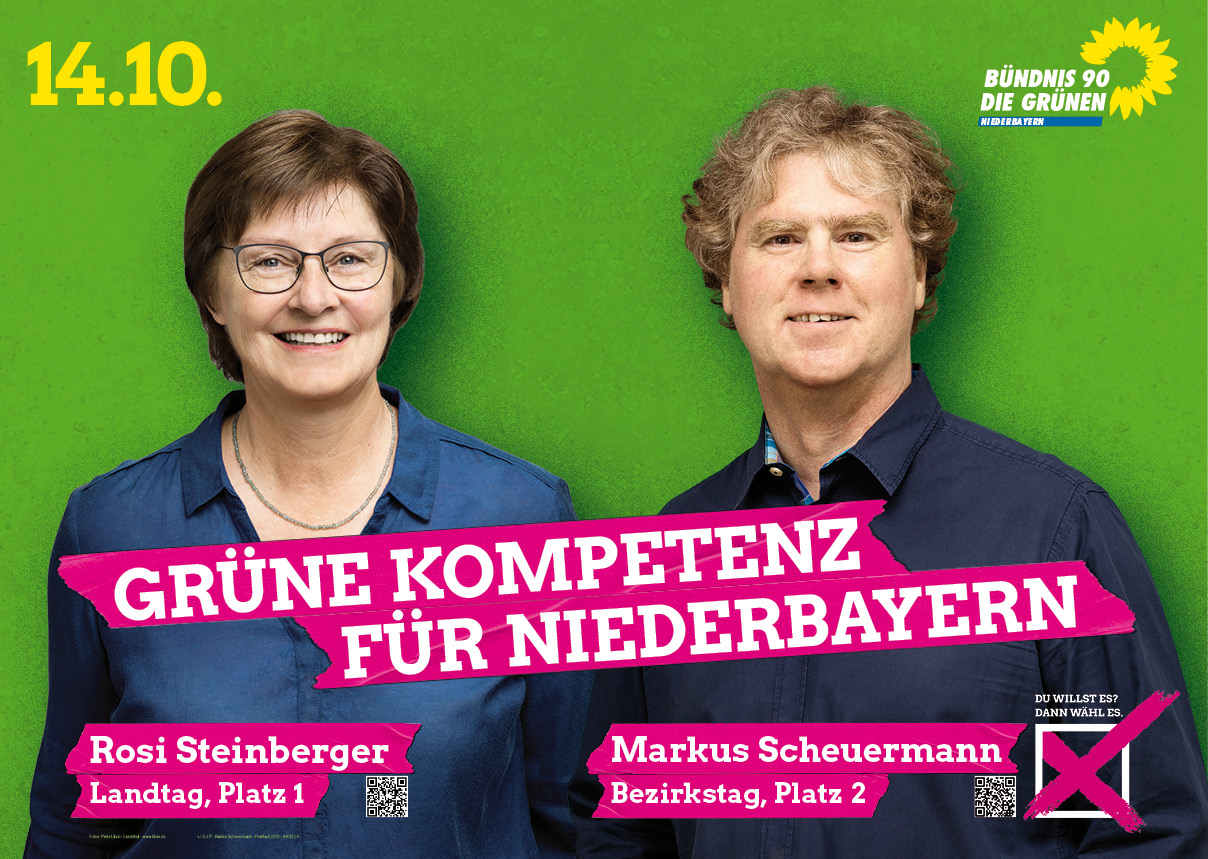 Am 14.10.2018 bitte "Grüne Kompetenz für Niederbayern" wählen: Rosi Steinberger, Mdl auf Platz 1 der Landtagsliste und Markus Scheuermann, Bezirksrat auf Platz 2 der Bezirksliste